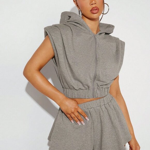 Light Grey Casual Womens Zip Sleeveless Hoodie & Shorts Set